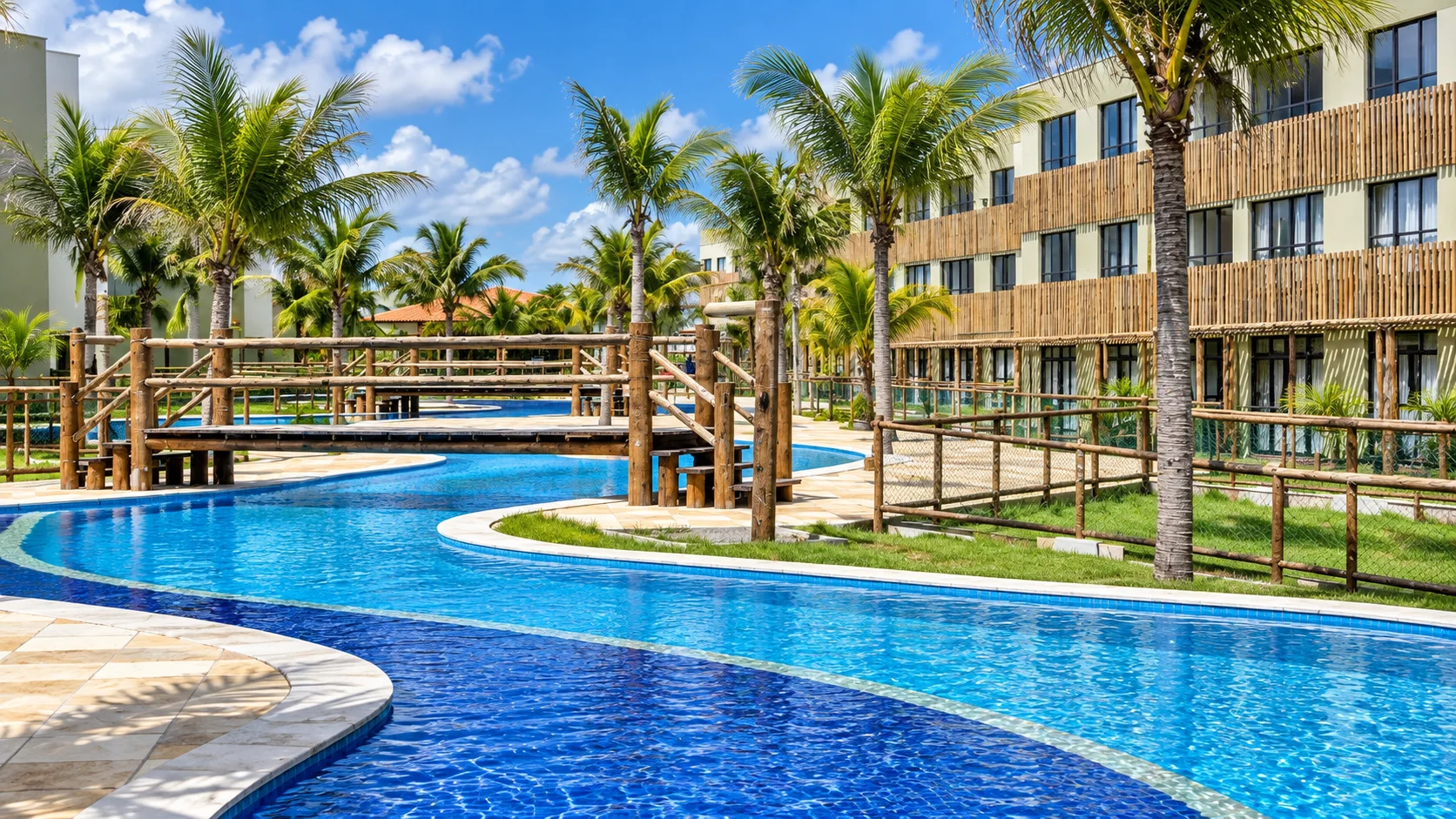 Piscina entre coqueiros e passarelas